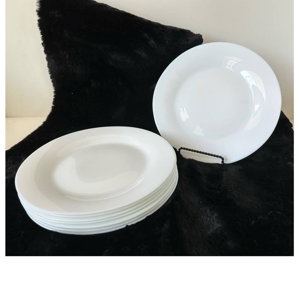 Dinner plates, luncheon plates, glass solid white, wide rim, set of 8